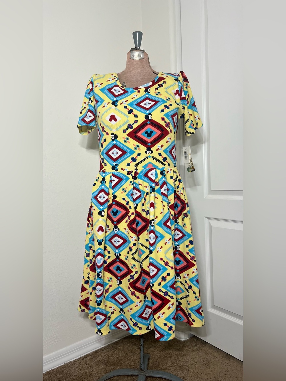 LuLaRoe and Disney, Yellow Dress with Red & Turquoise Geometric Print